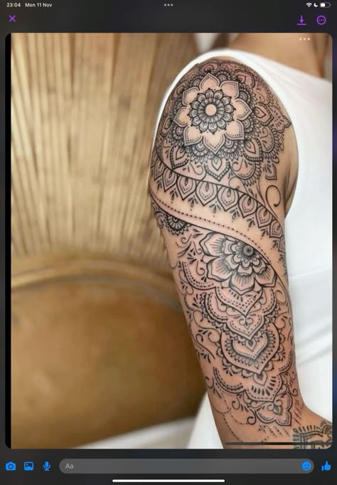 Mandala Woman Tattoo, Henna Tattoo Sleeve Women, Women’s Mandala Sleeve Tattoo, Mandala Tattoo For Shoulder, Mandala Back Tattoos For Women, Boho Shoulder Tattoos For Women, Lotus Half Sleeve Tattoo, Mandela Tattoo Designs For Women Arm, Henna Arm Tattoos For Women