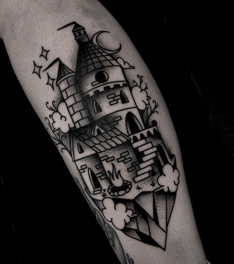 Dark castle fantasy tattoo by satanischepferde #fantasy #castle #dark #traditional #traditionaltattoo #blackwork #legtattoo #erfurt #bold #architecture Trad Castle Tattoo, Blackwork Castle Tattoo, Floating Castle Tattoo, American Traditional Castle Tattoo, Castle Tattoo Traditional, Fantasy Castle Dark, Dark Castle Tattoo, Traditional Castle Tattoo, Medieval Tattoos