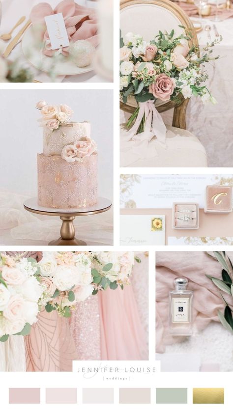 Blush pink wedding colour scheme with sage green and gold | Blush wedding inspiration with ivory and sage | View more pink wedding colour inspiration by Jennifer Louise Weddings | blush wedding bouquet | blush wedding ideas | blush pink bridesmaid dresses | blush wedding theme | pink wedding color scheme | blush sage and gold wedding | wedding colour schemes summer | pink and gold wedding theme | english country summer wedding | uk wedding planning #blushwedding #pinkwedding #springwedding Blush Pink Theme Wedding, Wedding Colour Theme, Wedding Color Schemes Summer, Wedding Colour Palettes, Blush Wedding Theme, Wedding Colour Schemes, Wedding Color Schemes Spring, Blush Wedding Colors, Blush Wedding Inspiration