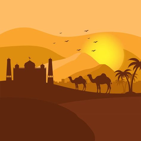 Siluet Vektor Unta Belakang Dengan Masjid Camels Illustration, Arabian Nights Theme, Desert Background, Camels Art, Mosque Silhouette, African Skies, Islamic Events, Ramadan Poster, Plan Image