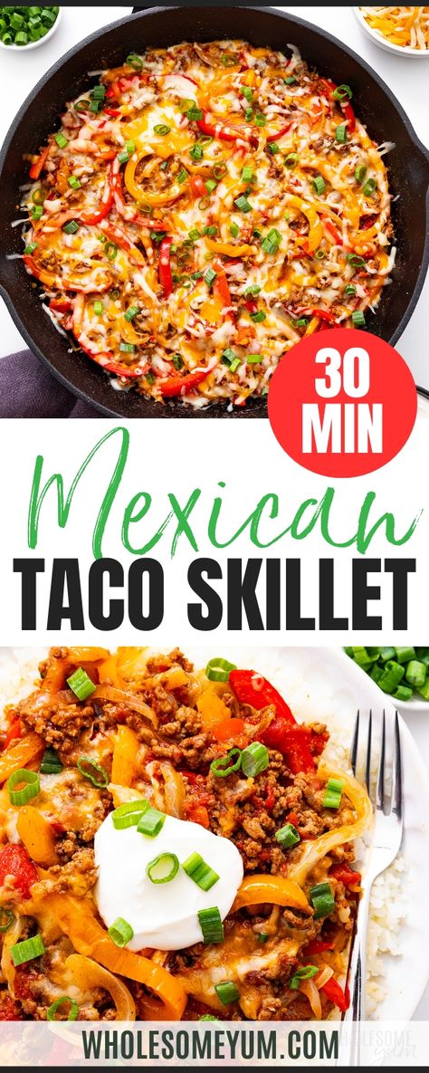 Make my Mexican taco skillet in just 30 minutes, with saucy seasoned ground beef, tender veggies, and melty cheese. An easy one-pan meal! Skillet Tacos Ground Beef, Texmex Seasoning, Taco Skillet Dinner, Mexican Ground Beef Recipes, Keto Hamburger, Keto Tacos, Taco Skillet, Seasoned Ground Beef, Healthy Mexican Recipes