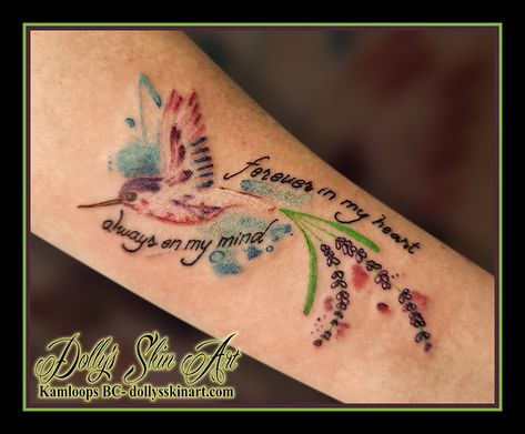 Colourful hummingbird for Janaya - Dolly's Skin Art Tattoo Kamloops BC Always On My Mind Tattoo, Tattoo In Memory Of Mom, Colourful Hummingbird, Hummingbird Flower Tattoos, Mind Tattoo, Tattoo In Memory, Tattoo Colour, Colour Tattoos, Kid Name Tattoo