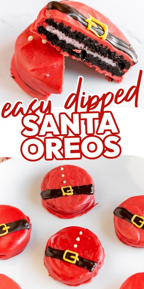 Santa Choc Dipped Oreos - Christmas Party Food For a Crowd Red Christmas Food Ideas, Fun Christmas Party Snacks, Fun Easy Christmas Treats For Kids, Christmas Food Sweet, Xmas Themed Food, Family Christmas Party Food Ideas, Christmas Food And Desserts, New Years Eve Baking, Desert For Christmas Party