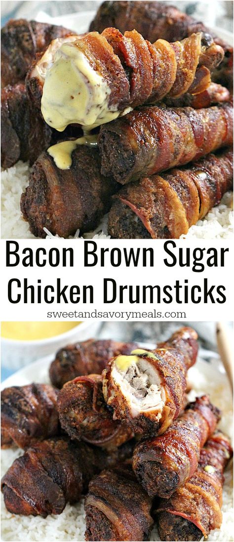 Spicy Brown Sugar Bacon Wrapped Chicken Drumsticks are sweet and spicy and full of flavor, crunchy on the outside and juicy on the inside. Bacon Wrapped Chicken Drumsticks, Brown Sugar Bacon Wrapped Chicken, Island Chicken, Lowcarb Recipes, Brown Sugar Bacon, Baked Chicken Tenders, Drumstick Recipes, Chicken Drumstick Recipes, Savory Meals