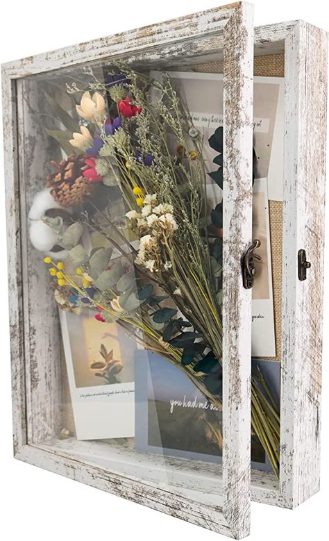 Amazon.com - GraduationMall 11x14 Shadow Box Frame Solid Wood Glass Door Display Case with Linen Back and 6 Stick Pins,1.5 inches Interior Depth,Ideal for Memorabilia Pictures Flowers Medals Tickets - Shadow Box Graduation, Wood Glass Door, Pictures Flowers, Shadow Box Display Case, Door Display, Door Displays, Wood Shadow Box, Easy Wall, Rustic White