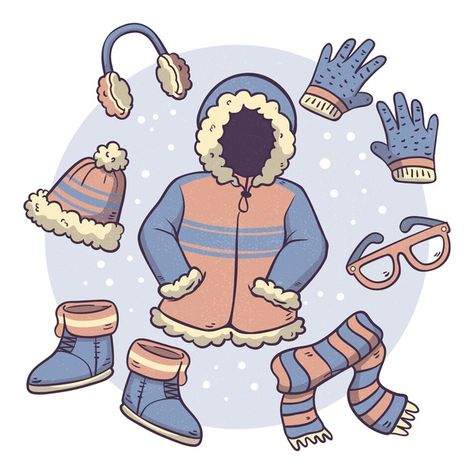 Hand drawn winter clothes and essentials | Free Vector #Freepik #freevector Drawing Winter Clothes, Winter Outfits Drawing, Winter Clothes Drawing, Jacket Drawing, Winter Costume, Winter Drawings, Paper Duck, Seasons Change, School Dresses