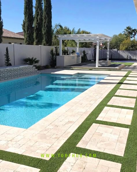 Evening Pics, Pool Patio Designs, Turf Backyard, Arizona Backyard, Pool Pavers, Pools Backyard Inground, Pool House Plans, Be Focused, Pool Renovation