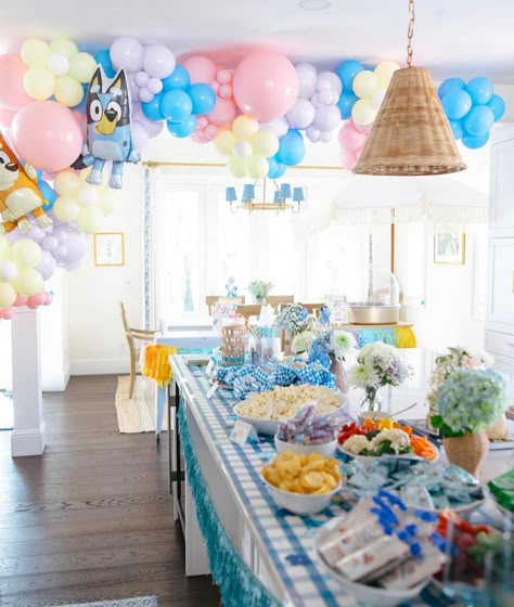 Such a cute Bluey party by @lauren_loves_gifting Bluey 2 Birthday Party, Bluey Birthday Party Foods, Bluey Tea Party, Bluey Birthday Table Decor, Bluey 6th Birthday Party, 2nd Birthday Bluey Theme, Four Real Life Bluey Birthday, Bluey Birthday Party Ideas 2nd, Bluey Birthday Party Girl