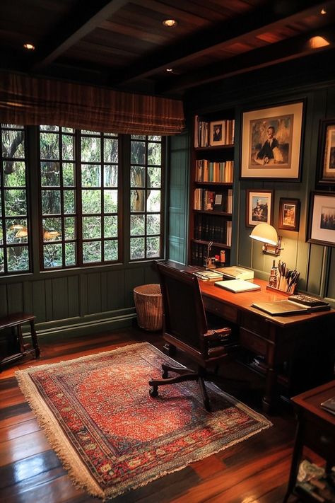 #gameroom #gamingcave #gamedesign #gamerlife #gamingsetup #homedecor #interiordesign #gamingideas #gamerroom #manCave Tudor Home Office, Wood Paneled Library Office, Mens Library Study, British Study Room, English Manor Aesthetic, Old English Study, Old English Office, Old World Office, Dark Academia Home Office