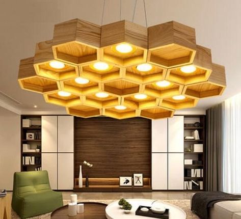 Quirky Lampshades, Honeycomb Chandelier, Wood Honeycomb, Wooden Honeycomb, Wood Chandeliers, Bar Chandelier, Creative Living Room, French Country Bedrooms, Modern Pendant Lamps