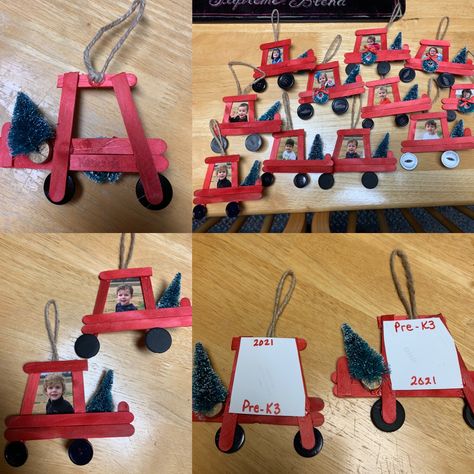 Craft Stick Truck Ornament, Christmas Arts And Crafts For Toddlers, Toddler Christmas Ornaments Diy, Parent Christmas Gifts From Preschoolers, Preschool Christmas Gifts, Diy Photo Ornaments, Truck Crafts, Christmas Preschool, Diy Preschool