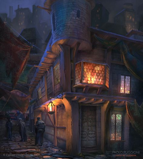 Fantasy Brothel Art, Fantasy Brothel Concept Art, Medieval Brothel, Brothel Aesthetic Medieval, Dnd Brothel, Fantasy Brothel, Brothel Aesthetic, Rain Illustration, Fantasy Cities