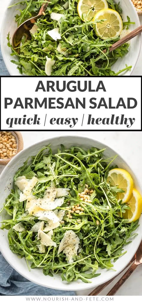 Arugula Parmesan Salad, Pine Nut Salad Recipe, Simple Arugula Salad, Pine Nuts Salad, Parmesan Salad, Arugula Recipes, Arugula Salad Recipes, Side Salad Recipes, Pecan Salad