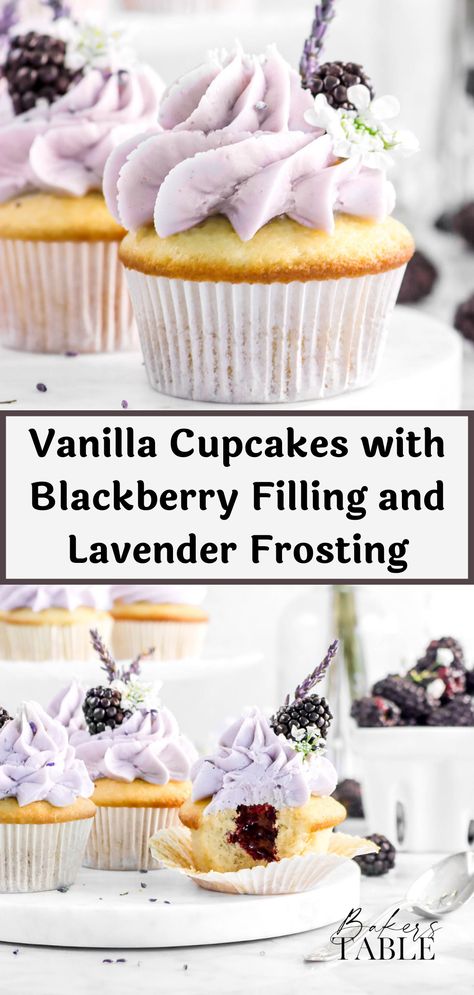 Blueberry Filling For Cupcakes, Lavender Cream Cheese Frosting, Blackberry Lavender Cupcakes, Lavender Blackberry Cake, Strawberry Basil Cupcakes, Lavender Frosting Recipe, Lavender Recipes Baking, Grape Cupcakes, Lilac Cupcakes