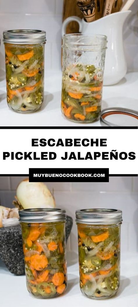 You will never want to buy canned jalapeños again after trying this recipe! These easy pickled jalapeños and carrots (Mexican escabeche) are the perfect way to preserve jalapeños and add tons of flavor to your favorite meals. These tangy and spicy pickled peppers and carrots are ready in under 15 minutes! It's an easy recipe that anyone can make! Try this traditional recipe today! Pickled Jalapeno Recipe, Escabeche Recipe, Bueno Recipes, Canned Jalapenos, Pickled Jalapenos, Pickled Peppers, Comfort Food Southern, Pickling Jalapenos, Never Go Back