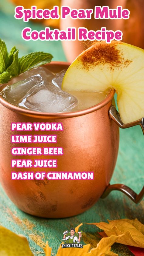 Discover the perfect Spiced Pear Mule Cocktail Recipe for your fall gatherings! This delightful twist on the classic Moscow Mule combines the warmth of spiced pears with zesty ginger beer, making it an ideal choice for Christmas party drinks. Elevate your celebrations with this unique cocktail recipe that embodies the essence of fall. Perfect for cozy evenings and festive occasions, this Pear Moscow Mule is a must-try for any cocktail lover. Holiday Rum Drinks, Pear Moscow Mule, Spiced Pears, Fruity Mixed Drinks, Thanksgiving Cocktail Recipes, Unique Cocktail Recipes, Christmas Drinks Recipes, Christmas Party Drinks, Moscow Mule Recipe