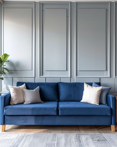 Modern Panel Wall, Blue Sofa In Living Room, Blue Sofa Living Room Ideas, Living Room Tiles Design, Blue Velvet Sofa Living Room, Blue Sofa Living Room, Wall Behind Sofa, Sofa In Living Room, Classical Living Room