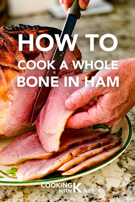 A Whole Bone In Ham recipe is so simple, with no glaze, no studding with cloves, and no fuss. The recipe uses the low and slow cooking method and a blast of high heat at the end, caramelizing the outside. Cooking Bone In Ham, Ham Cooking Time, Boneless Ham Recipe, Bone In Ham, Recipes With Cooked Ham, Best Ham Recipe, Cook A Ham, Cook Ham, Ham Ideas