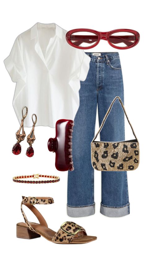 Red And Jeans Outfits, Walk Of Shame Aesthetic, Red Shoes Outfit Aesthetic, Outfit With Leopard Shoes, Cheetah Flats Outfit, Cheetah Shoes Outfit, Cheetah Print Shoes Outfit, Casual Work Outfits Jeans, Red Casual Outfit