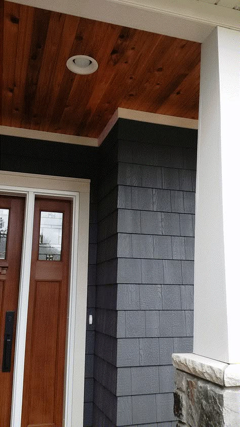 Engineered Wood Siding, Wood Siding Exterior, Siding Ideas, Contemporary Front Doors, House Paint Color Combination, Siding Options, House Cladding, Glass Railings, House Trim