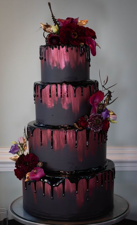 Unique and stunning Goth Wedding Cakes, Goth Forest Wedding, Dark Romantic Wedding Cake, Gothic Wedding Cakes, Witchy Wedding Cake, Moody Wedding Cake, Dark Weddings, Halloween Wedding Cake, Fearrington Village