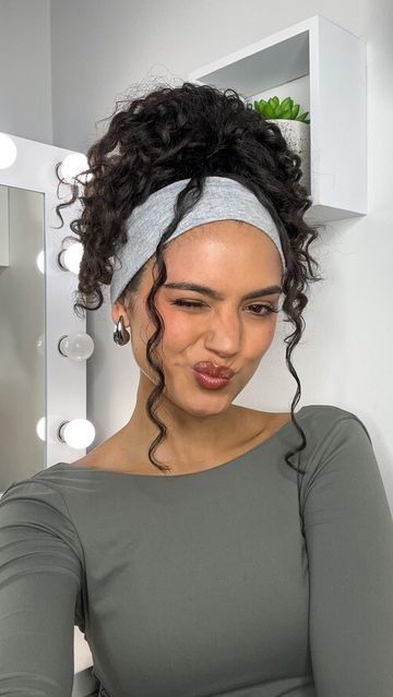 Cute Updos For Work Nurse, Braid With Headband Hairstyles, Head Bands For Curly Hair, Curly Bun With Headband, Curls Styles Hairstyles, Short Bob Hairstyles Curly Hair, Curly Hair Updo With Headband, Headband In Curly Hair, Curly Updo With Headband