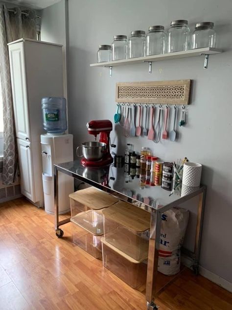 Small Space Baking Area, Baking Table Kitchen, Baking Station Kitchen, Bakery Studio Interior Design, Small Bakery Workspace, Baking Studio Interior Small Spaces, At Home Bakery Set Up, Home Baker Kitchen, Baking Studio Interior