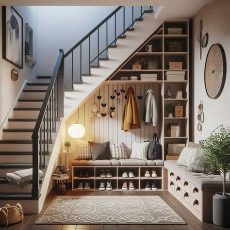 27 Ingenious Under Stairs Storage Ideas » HomeDecorFull Upstairs Small Loft Ideas, Mudroom Under Stairs, Newhome Ideas, Cabin Staircase, Desk Under Stairs, Under The Stairs Ideas, Under Staircase Ideas, Living Room Under Stairs, Understairs Ideas