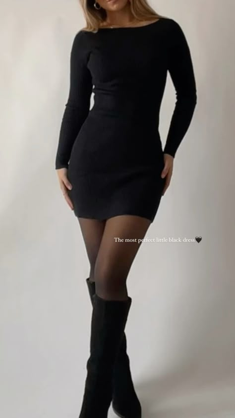 Denim Mini Skirt And Boots Outfit, Lbd Outfit Winter, Heel Boots Outfit Aesthetic, Long Black Dress Boots, Black Dress Thanksgiving Outfit, Black Boots With Dress Outfit, Mini Dress With Tights And Boots, Stockings With Boots Outfit, Outfits With Black Thigh High Boots