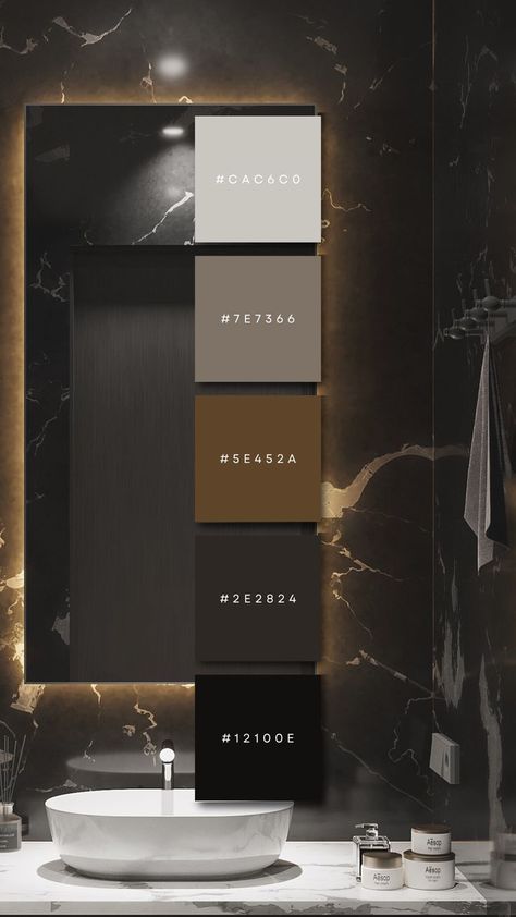 Bathroom Color Palette, Color Palette Interior Design, Flat Color Palette, Dark Bathrooms, Dark Modern, Dark Color Palette, Color Design Inspiration, Black Color Palette, House Color Palettes