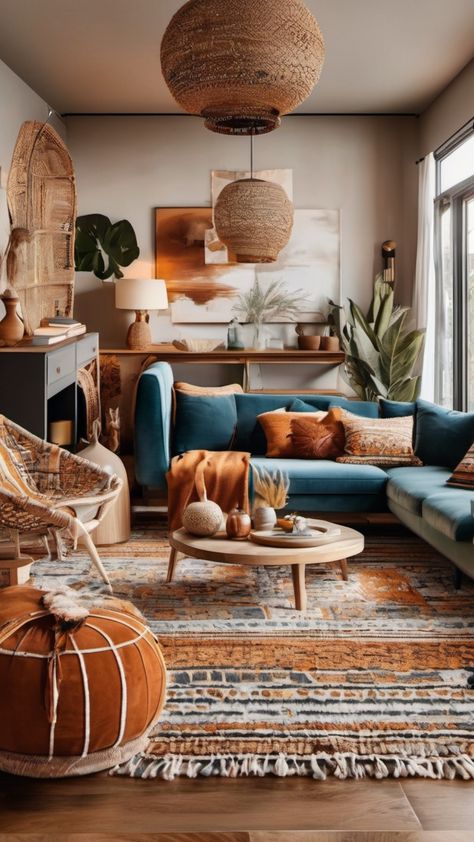 Boho Living Room Blue Walls, Blue Couch Boho Living Room, Contemporary Boho Living Room Decor, Southwest Living Room, Moon Pottery, Modern Boho Living Room Decor, Boho Decorating, Living Room Design Boho, Boho Living Room Inspiration