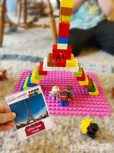 Lego Challenge Cards, Lego Stem Activities, Lego Stem Challenge, Famous Landmarks Around The World, Games Activities For Kids, Landmarks Around The World, Printable Lego, Lego Printables, Lego Camp