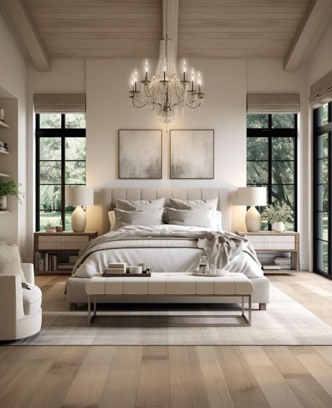 Luxurious Bedrooms Modern, Main Bedroom Ideas Modern Luxury, Bedroom Ideas Master Neutral Interior Design, Aesthetic Bedroom Master, Modern Bedroom Design Master High Ceilings, Master Bed Remodel Bedroom Ideas, Moody Chic Bedroom, Bed With Windows On Each Side, Masterbedroom Neutral Luxury