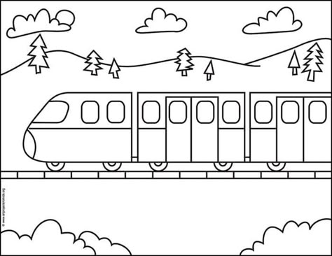 Train Line Drawing, How To Draw Train, Train Drawing Kids, Cartoon Train Drawing, Train Sketch Simple, How To Draw A Train, Drawing Of Train, Easy Train Drawing, Train Drawing Simple