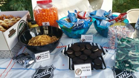 Hockey themed snacks Hockey Theme Snacks, San Jose Sharks Hockey, Theme Snack, Peanuts Party, Hockey Party, Hockey Birthday, Birthday Snacks, Game Snacks, Hockey Puck