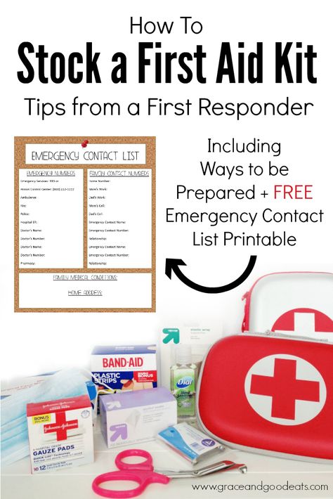 How to stock a first aid kit for your house and vehicle according to a first responder, plus a free emergency contact printable. Emergency Contact Printable, First Aid Kit Items, Best First Aid Kit, First Aid Kit Checklist, Basic First Aid Kit, First Aid Kit Contents, Emergency Contact List, Diy First Aid Kit, Camping First Aid Kit