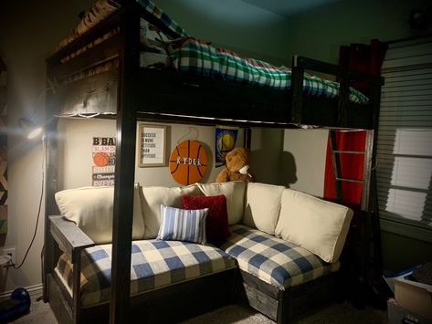 Loft bed with couch made by hand with 1x3 Bunk Bed With Couch Underneath, Loft Bed Couch Underneath, Bed With Couch Underneath, Bunk Bed With Couch, Loft Bed Over Futon, Kids Couch Under Loft Bed, Couch Under Loft Bed, Boys Loft Bed, Boys Enclosed Loft Bed