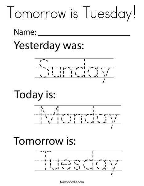 Tomorrow is Tuesday Coloring Page - Twisty Noodle Monday Worksheet, Subbing Tips, Today Is Monday, Kindergarten Special Education, Tomorrow Is Monday, Twisty Noodle, Teaching Spelling, Math Work, Daycare Activities