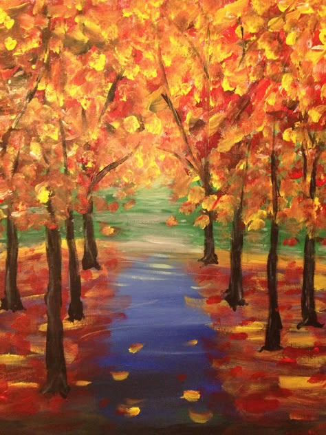 my painting of fall Autumn Theme Painting, Painting Ideas Fall Aesthetic, Fall Landscape Paintings Autumn, Fall Tree Painting Easy, Easy Paintings Acrylic, Sunrise Painting Ideas, Fall Paintings Easy, Autumn Painting Acrylic, Landscape Paintings Sunset