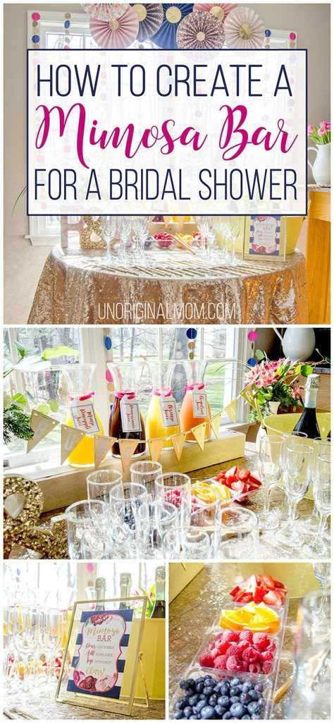 Great tips for how to put together a mimosa bar for a bridal shower or other event. It's easy and fun! | mimosa bar | mimosa bar printables | bridal shower brunch | bridal shower mimosa bar | brunch and bubbly | mimosa bar glasses | mimosa bar ideas Bridal Brunch Food, Brunch Decor, Disney Bridal Showers, Champagne Brunch, Donut Bar, Bridal Shower Planning, Baby Shower Brunch, Bridal Shower Food, Mimosa Bar