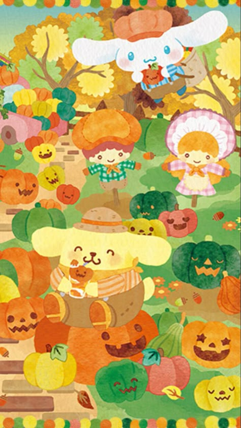 Sanrio November Wallpaper, Sanrio Fall Aesthetic, Pompompurin Fall Wallpaper, Thanksgiving Sanrio Wallpaper, Sanrio Thanksgiving, Fall Kawaii Wallpaper, Sanrio Autumn Wallpaper, Fall Sanrio Wallpaper, Sanrio Autumn