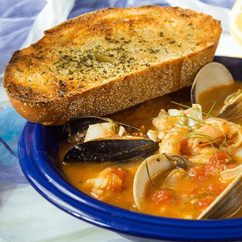 Bouillabaisse Recipe French Soups, Bouillabaisse Recipe, Meat Stock, Spicy Stew, French Soup, Simple Soup, Sliced Baguette, Broth Recipes, Interesting Food