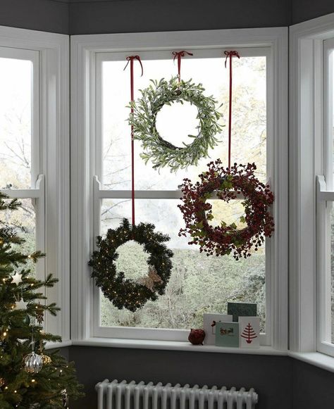 43 Christmas Window Decor Ideas: The Pain-Free Guide Christmas Wreaths For Windows, Christmas Wreaths & Garlands, Christmas Window Display, Christmas Window Decorations, Unique Christmas Decorations, Christmas Interiors, White Christmas Decor, Hanging Wreath, Nordic Christmas