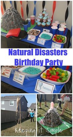 Boy Birthday Party Idea- Natural disaster party with science experiments and crafts including a volcano, skyscraper building, earthquake, tornado and more. #birthdayparty @keepingitsimple Storm Themed Birthday Party, Volcano Birthday Party Ideas, Storm Chaser Birthday Party, Storm Birthday Party Ideas, Tornado Birthday Party Ideas, Volcano Party Ideas, Weather Party Theme, Weather Themed Birthday Party, Tornado Cake Birthdays