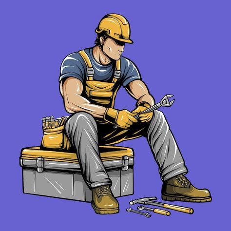 Vector vector labour man sit on the box | Premium Vector #Freepik #vector Engineer Cartoon, Handyman Logo, Cartoon Banana, Motorcycle Tattoos, Garbage Truck, The Box, Premium Vector, Labor, Vector Art