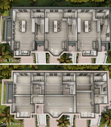 San Sequoia Townhouses | Patreon Townhouse Layout Ideas, Cute Townhouse Bloxburg, Sims Loft House Layouts, Bloxburg 3 Floor House Layout, Sims 4 Build Floor Plans, Sims Townhouse Floor Plans, Small Townhouse Layout, Sims 4 3 Story House, House Floor Plan Sims 4