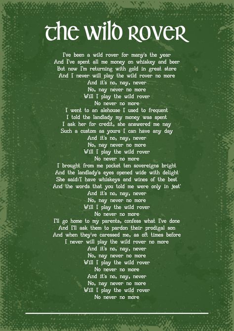 The wild rover taditional Irish song art print. This design is professionally printed on high quality 300 gsm matte paper. A4 framed option comes in 30cm x 40cm frame with white mount. Irish Songs Traditional, Irish Facts, Irish Song Lyrics, Irish Poetry, Irish Blessing Quotes, Cigarbox Guitar, Mary Oliver Poems, Music Theory Piano, Ireland Aesthetic