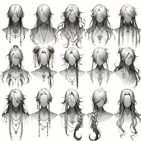 Long Hair Anime Style, Hairstyles Idea Drawing, Muscular Male Body Base Drawing, Hairstyle Inspo Drawing, Hair Ideas Character Design, Fantasy Hair Styles Drawing, Character Hairstyles Drawing, Hairstyle Art Drawing, Braid Reference Drawing