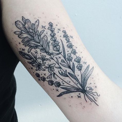 Healing botanicals with fireweed and lavender on inner upper arm. Thanks Kat! Pony Reinhardt Tattoo, Wild Flower Tattoo, Cottagecore Tattoo, Pony Reinhardt, Left Arm Tattoos, Tattoo Band, Artsy Tattoos, Accent Flowers, Wildflower Tattoo