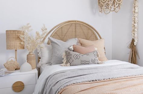 Australian Bedroom Decor, Beachy Rattan Bedroom, Boho Luxe Bedroom, Aussie Beach Girl Room, Coastal Girls Bedroom, Boho Rattan Bedroom Pink, John Lewis Rattan Bed Frame, Modern Coastal Bedroom, Modern Boho Bedroom